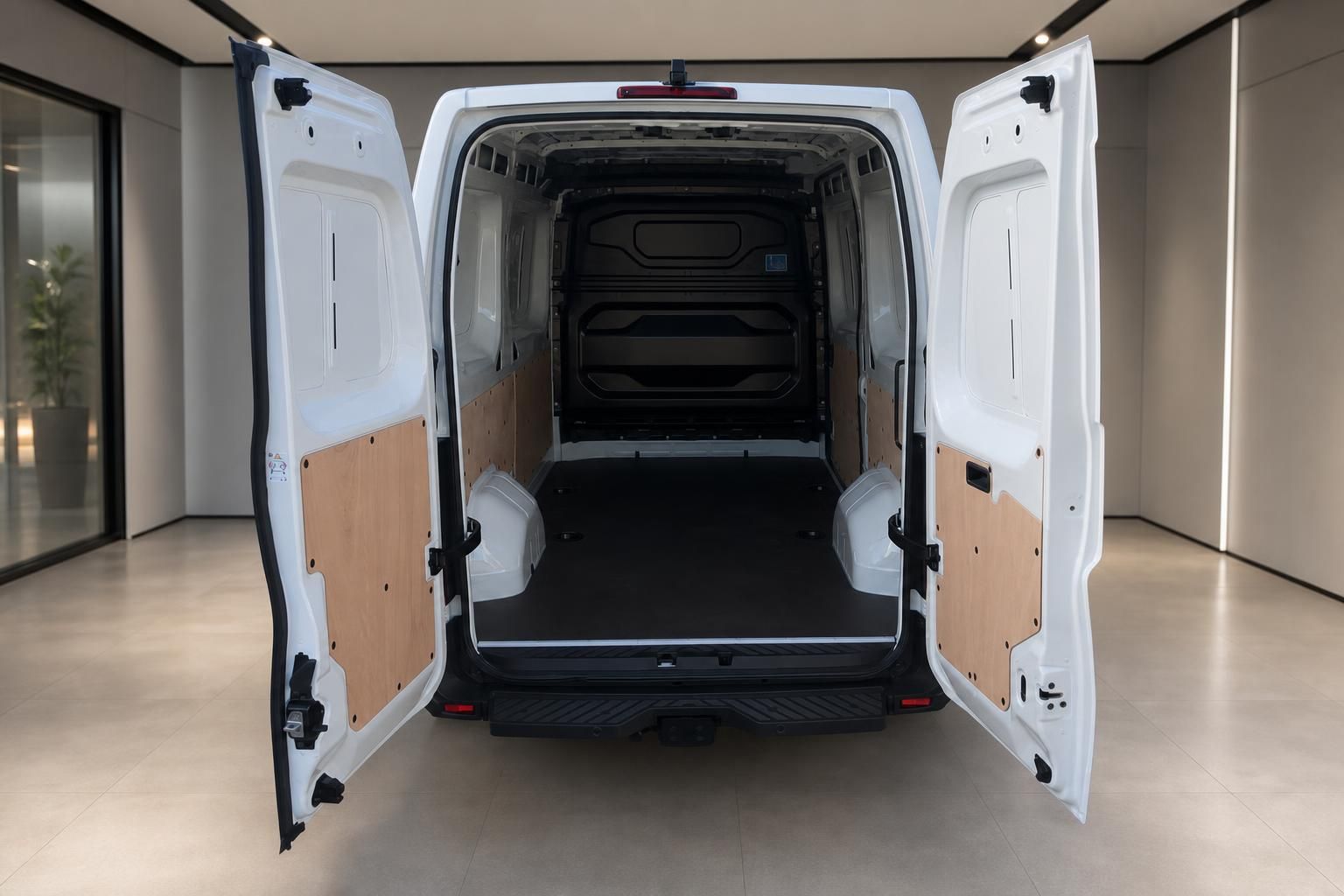 Transporter mit geoeffneten Heckt├╝ren und leerem Laderaum