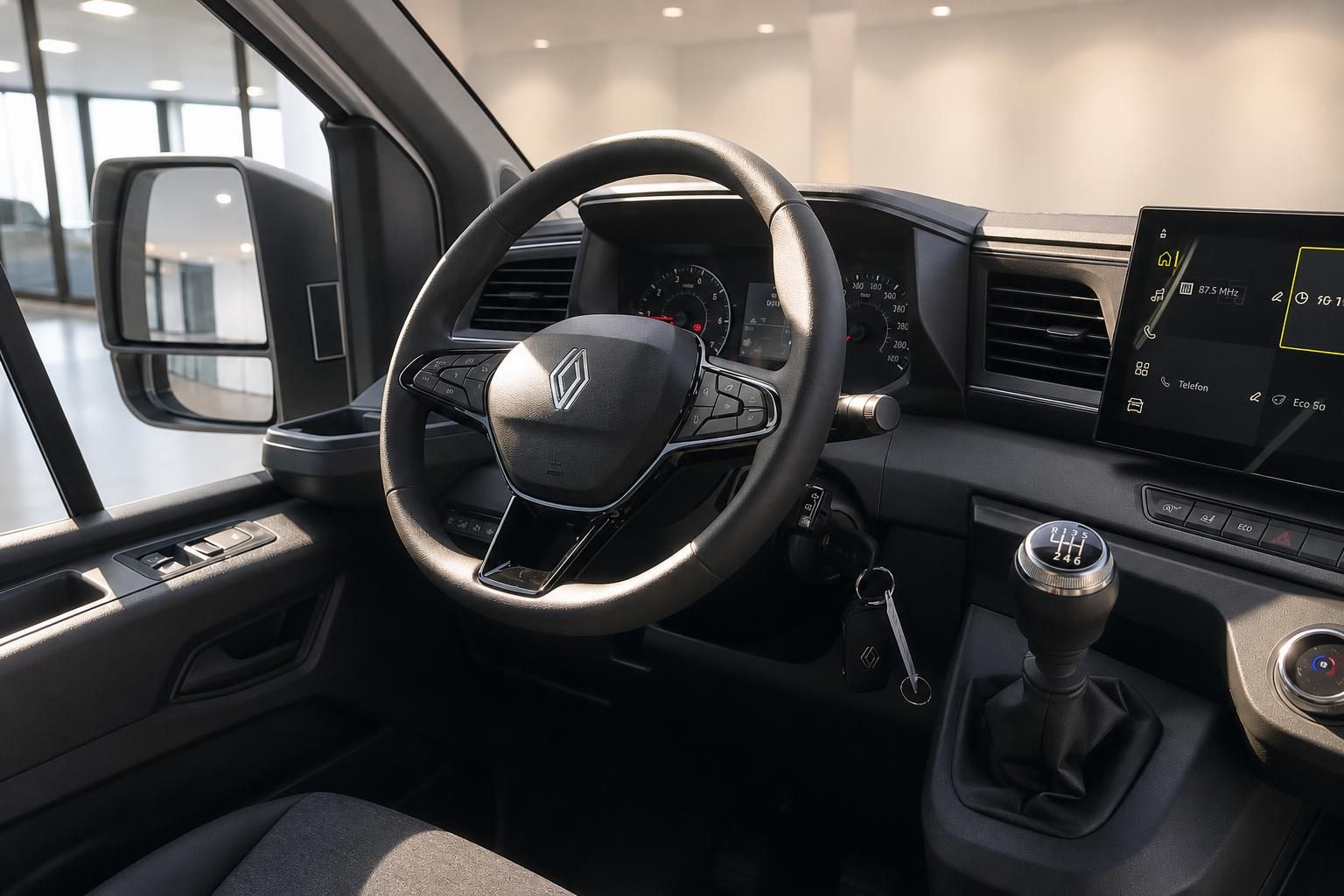 Cockpit mit Lenkrad, Schaltung und Touchscreen im Renault Transporter