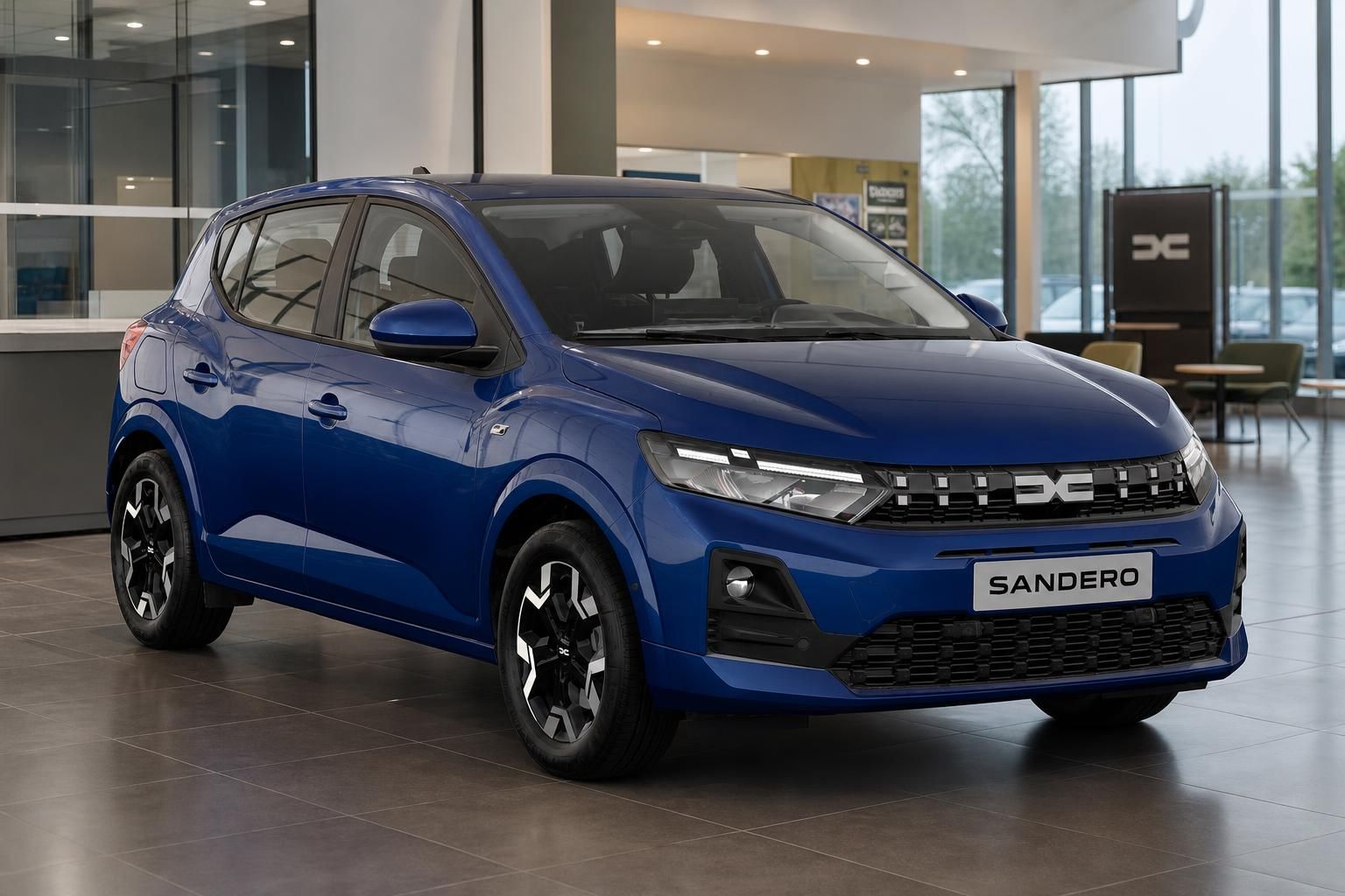 Dacia Sandero blau, Frontansicht schräg im Autohaus