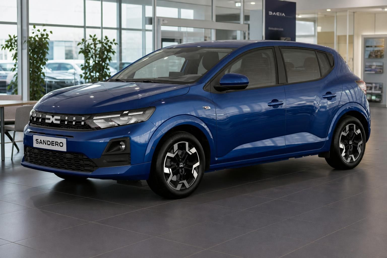 Dacia Sandero blau, Frontansicht schräg im Showroom