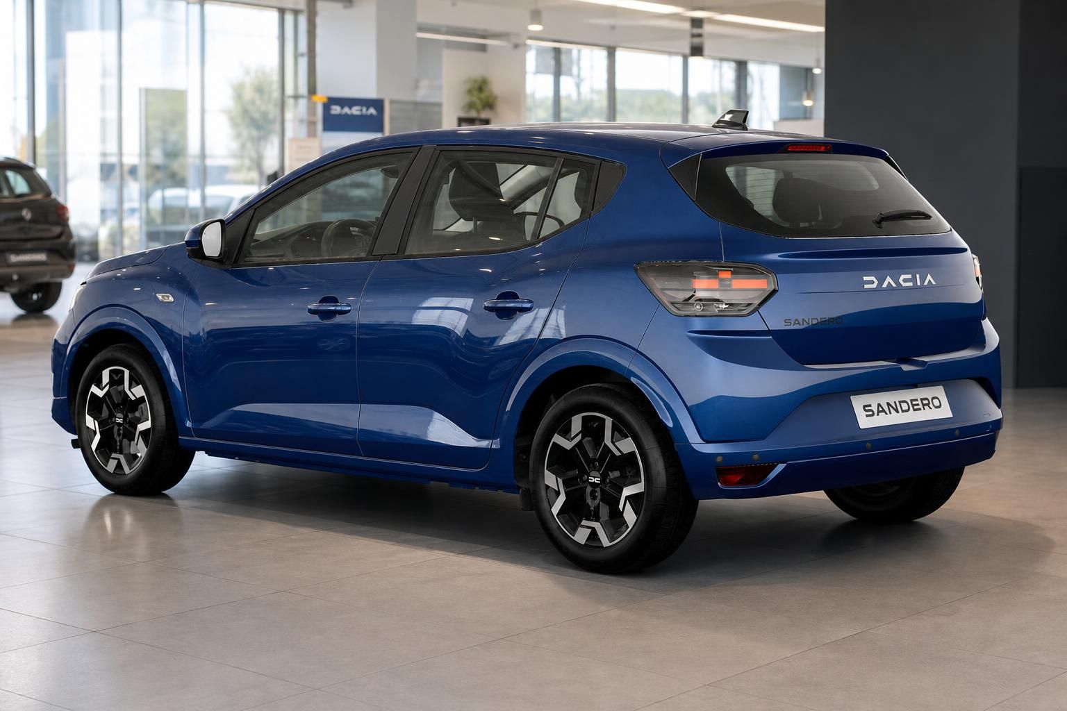 Dacia Sandero blau, Heckansicht schräg im Autohaus