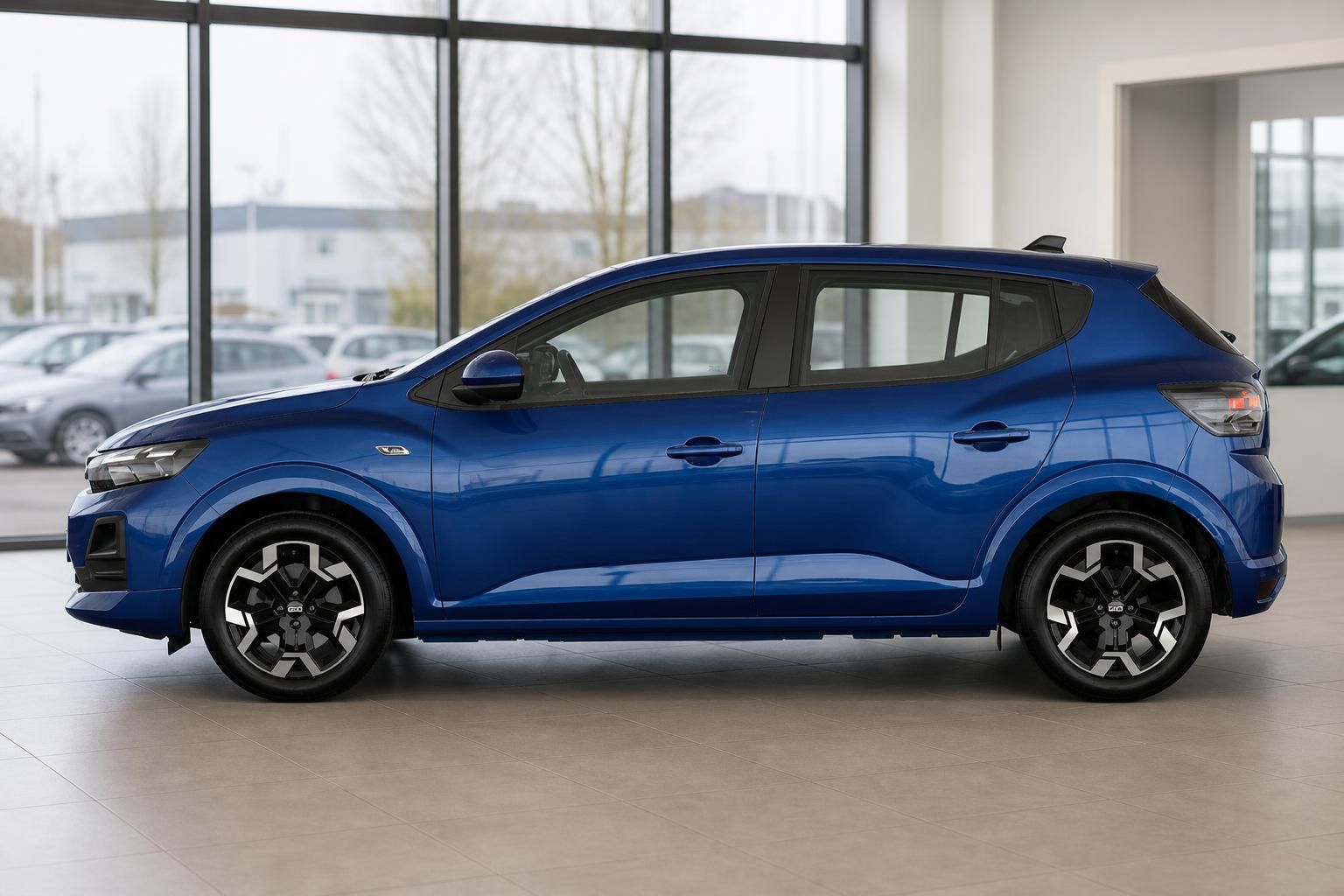 Dacia Sandero blau, Seitenansicht im Autohaus