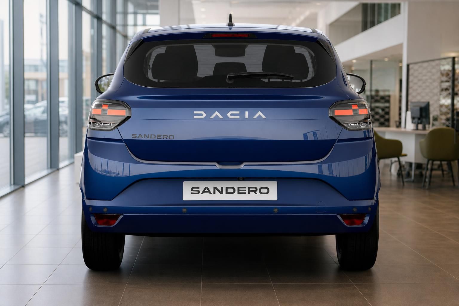 Dacia Sandero blau, direkte Heckansicht im Showroom
