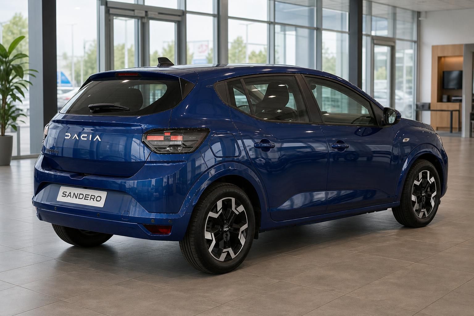 Dacia Sandero blau, Heckansicht seitlich im Showroom