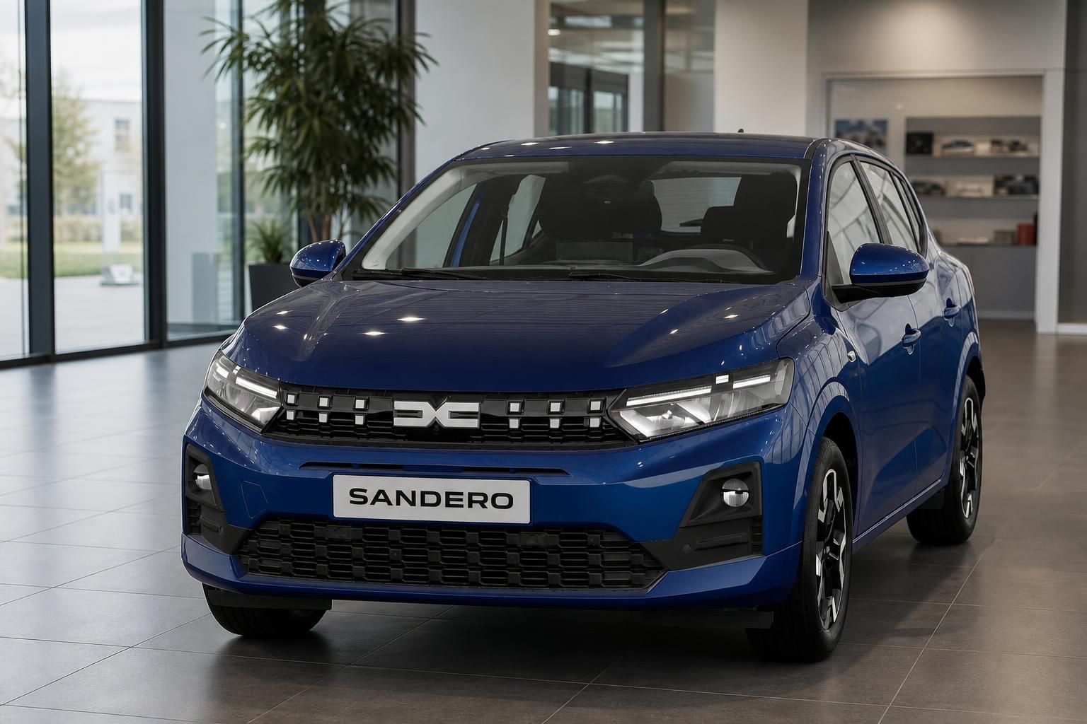 Dacia Sandero blau, Frontansicht im Autohaus-Showroom