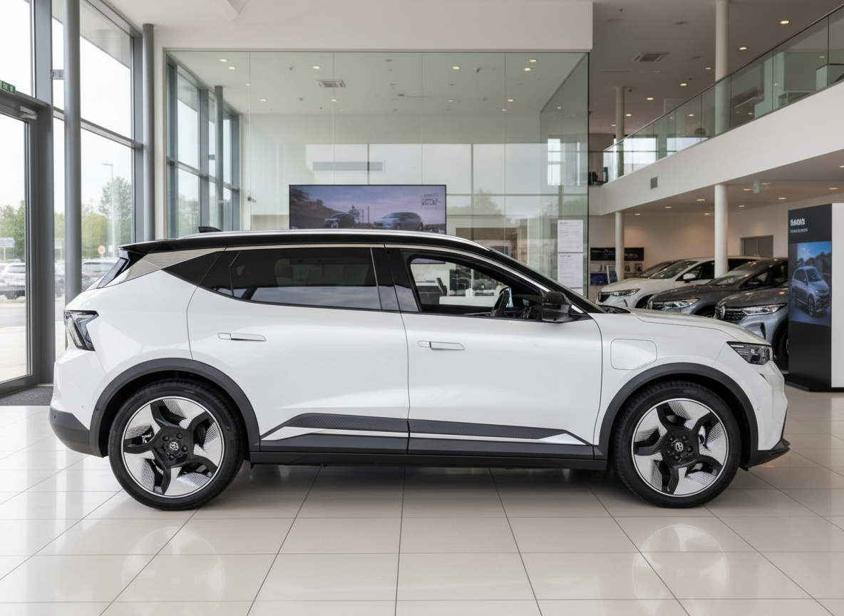Weißes Elektro-SUV in modernem Autohaus – Seitenansicht mit aerodynamischen Felgen