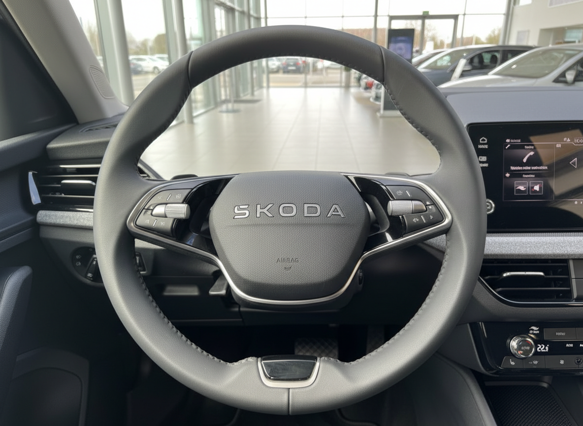 Skoda Innenraum Lenkrad mit Multifunktionstasten und Touchscreen-Infotainment im Autohaus