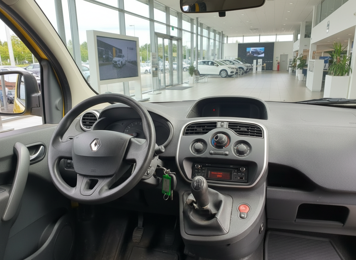 Renault Kangoo Innenraum mit Lenkrad, Schaltgetriebe und Armaturenbrett im Autohaus