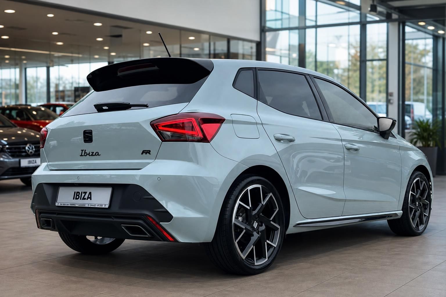 Seat Ibiza FR hellblau, Heckansicht mit Dachspoiler und LED-Rückleuchten