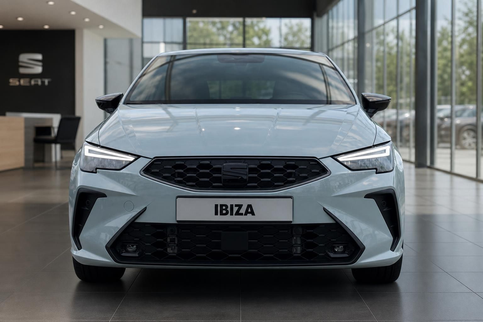 Seat Ibiza hellblau, Frontansicht mit LED-Scheinwerfern im Showroom