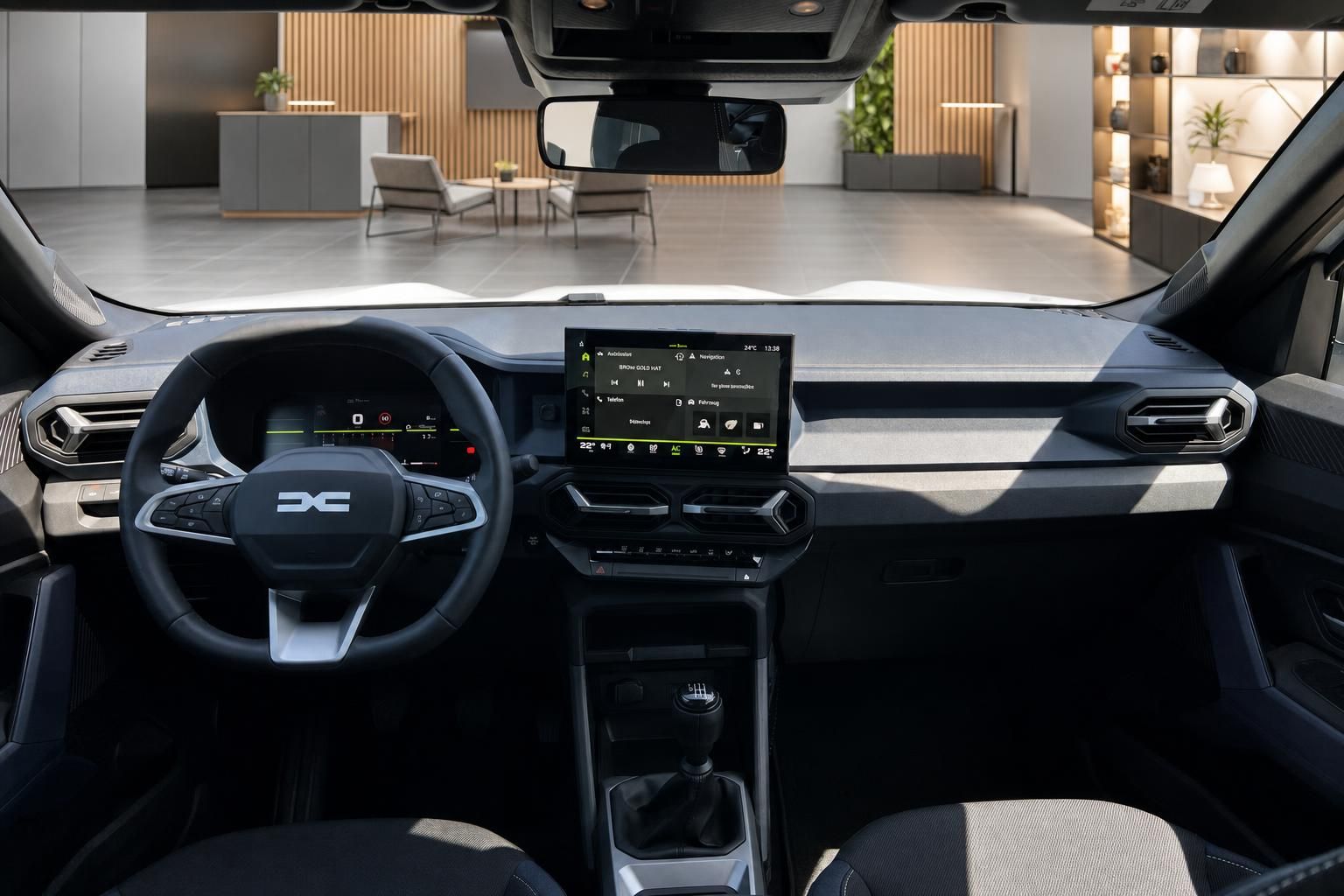 Dacia Cockpit mit Lenkrad und Infotainment-Display im Autohaus