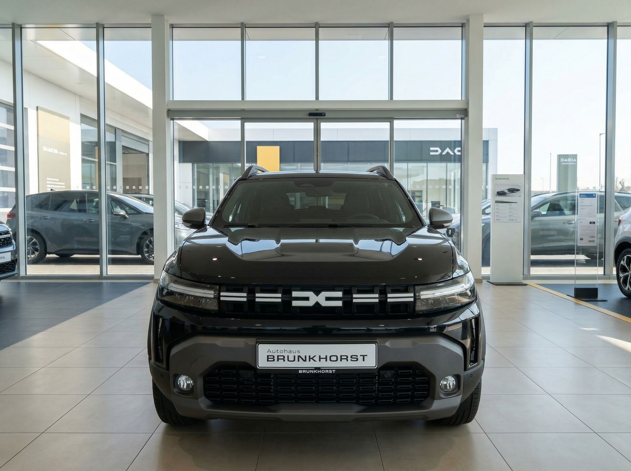Dacia SUV Frontansicht schwarz mit Nebelscheinwerfern im Autohaus Showroom