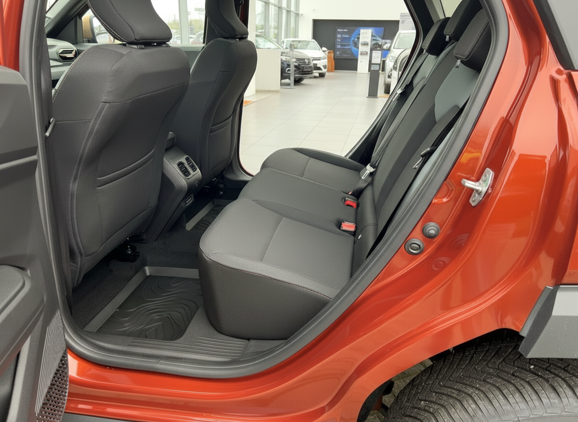 Orangefarbenes SUV Innenraum Rücksitzbank schwarzes Leder Händler Showroom