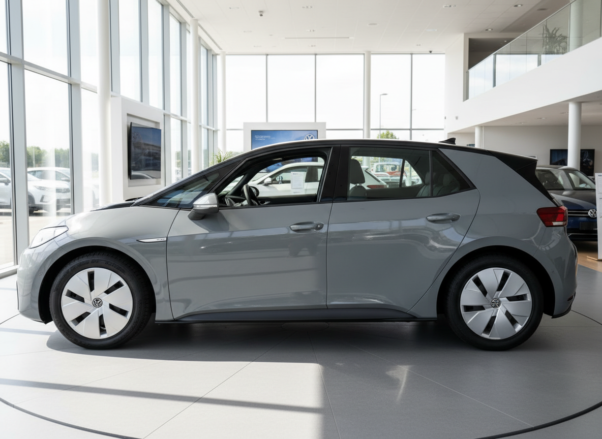 Volkswagen ID.3 in Grau im Autohaus-Showroom, Seitenansicht