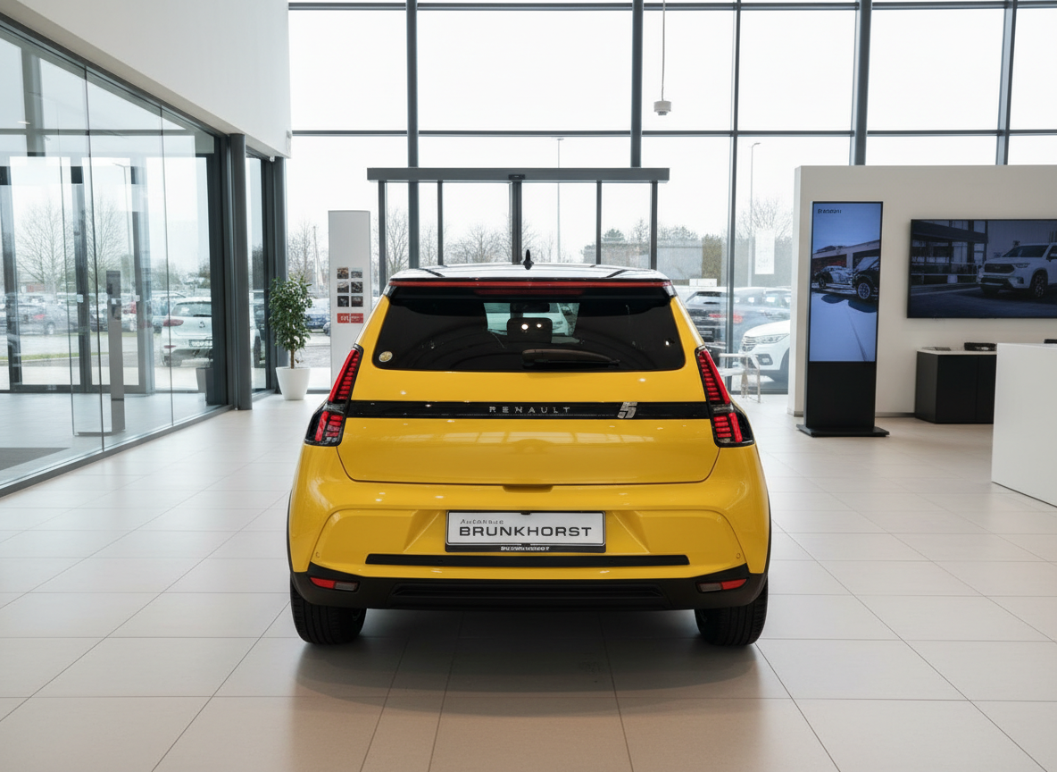 Renault 5 E-Tech Electric in Gelb – Heckansicht im Autohaus Brunkhorst