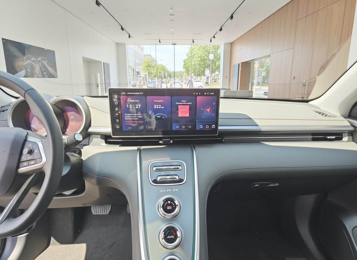 ORA Fahrzeug Innenraum mit großem Touchscreen-Display und modernem Cockpit