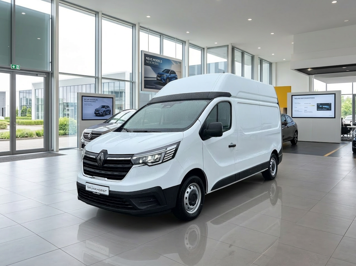 Weißer Renault Trafic Kastenwagen L2H2 im Autohaus Srunkhorst Showroom