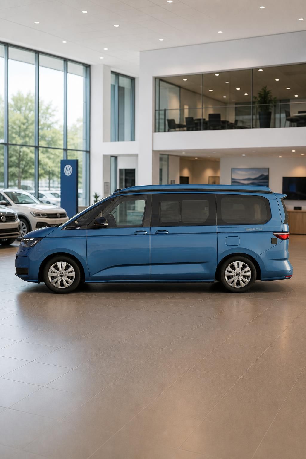 Blauer VW California Beach Van Seitenansicht im Autohaus