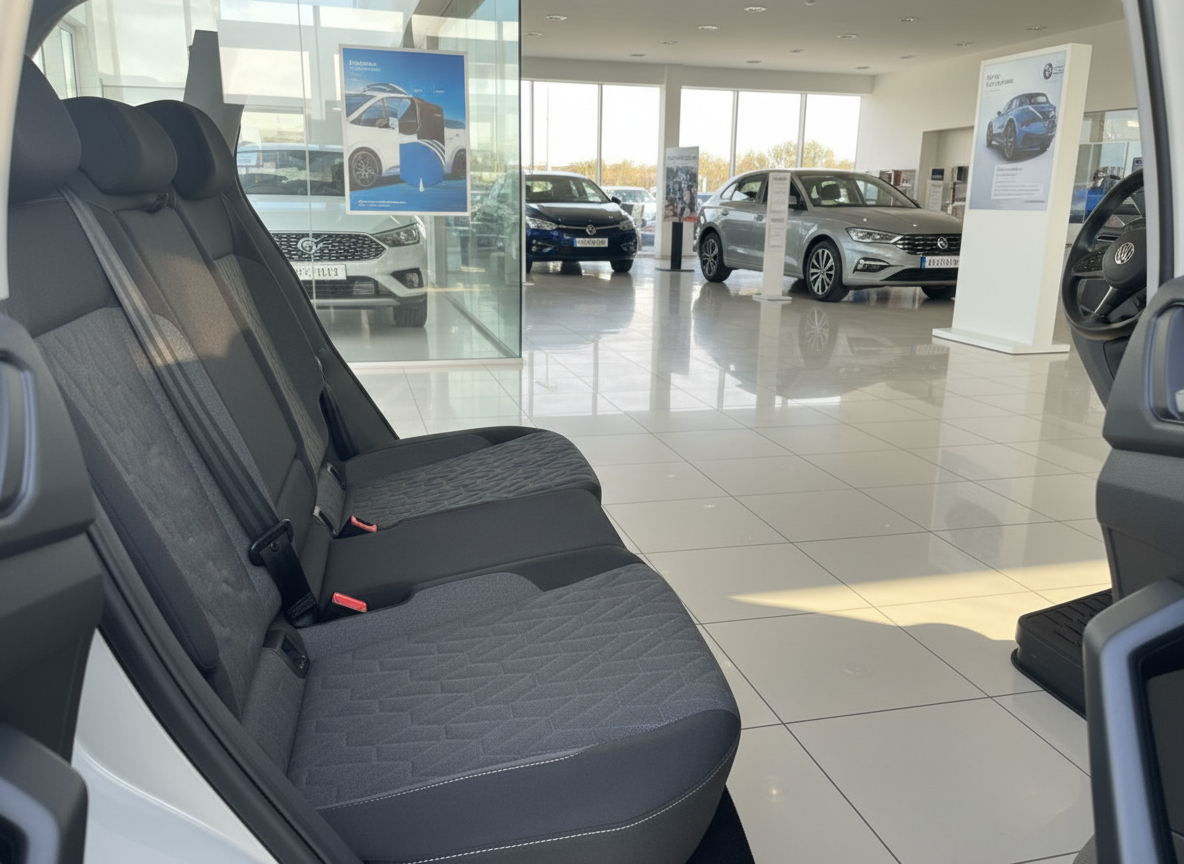 VW Transporter Innenraum mit dunkler Stoff-Sitzbank im Autohaus-Showroom