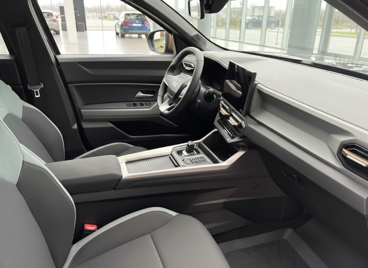 Modernes SUV Innenraum mit grauem Leder, Touchscreen und Mittelkonsole