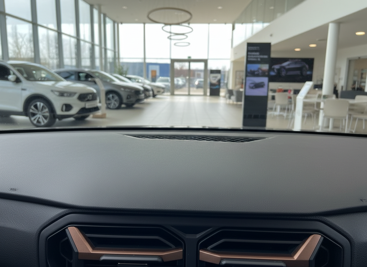 Fahrzeuginnenraum mit Armaturenbrett und Blick auf Autohaus-Showroom mit mehreren Fahrzeugen