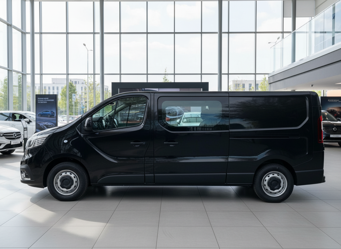 Schwarzer Renault Trafic Kastenwagen L2 in Fahrzeugausstellung – Seitenansicht