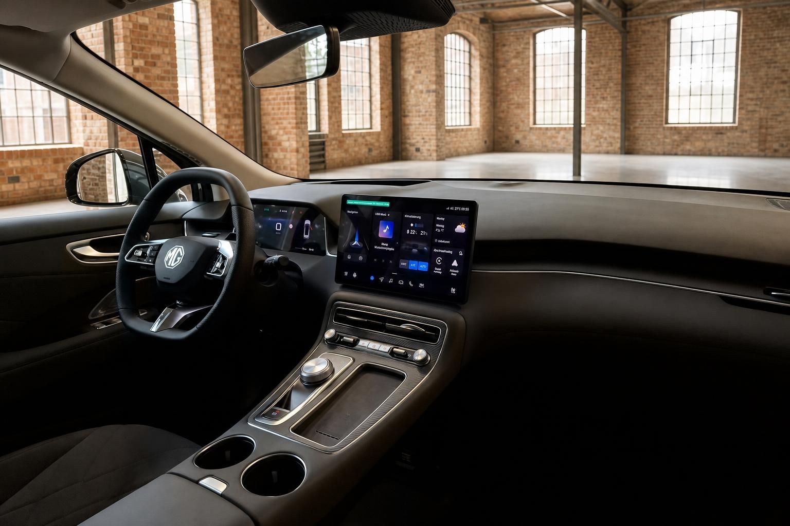MG Cockpit mit Touchscreen, Lenkrad und Mittelkonsole im Detail