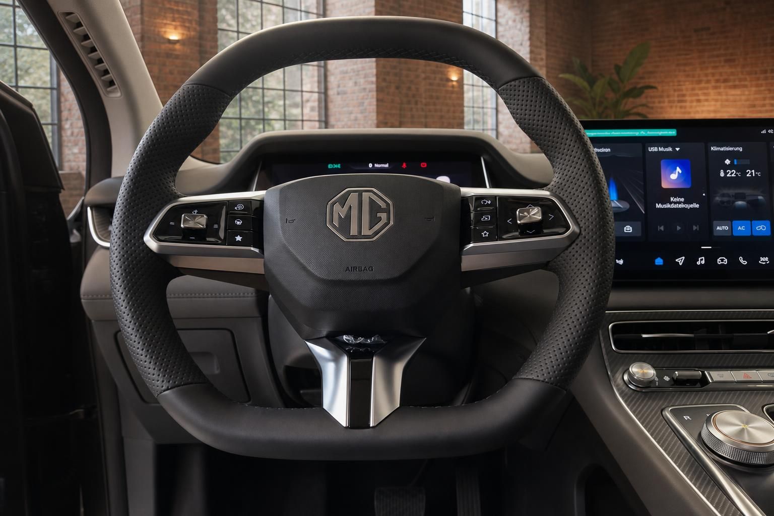 MG Lenkrad Nahaufnahme mit Bedienelementen und Logo im Cockpit