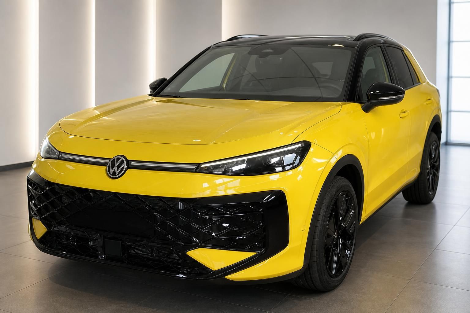 VW T-Roc gelb, Frontansicht mit schwarzem Kühlergrill
