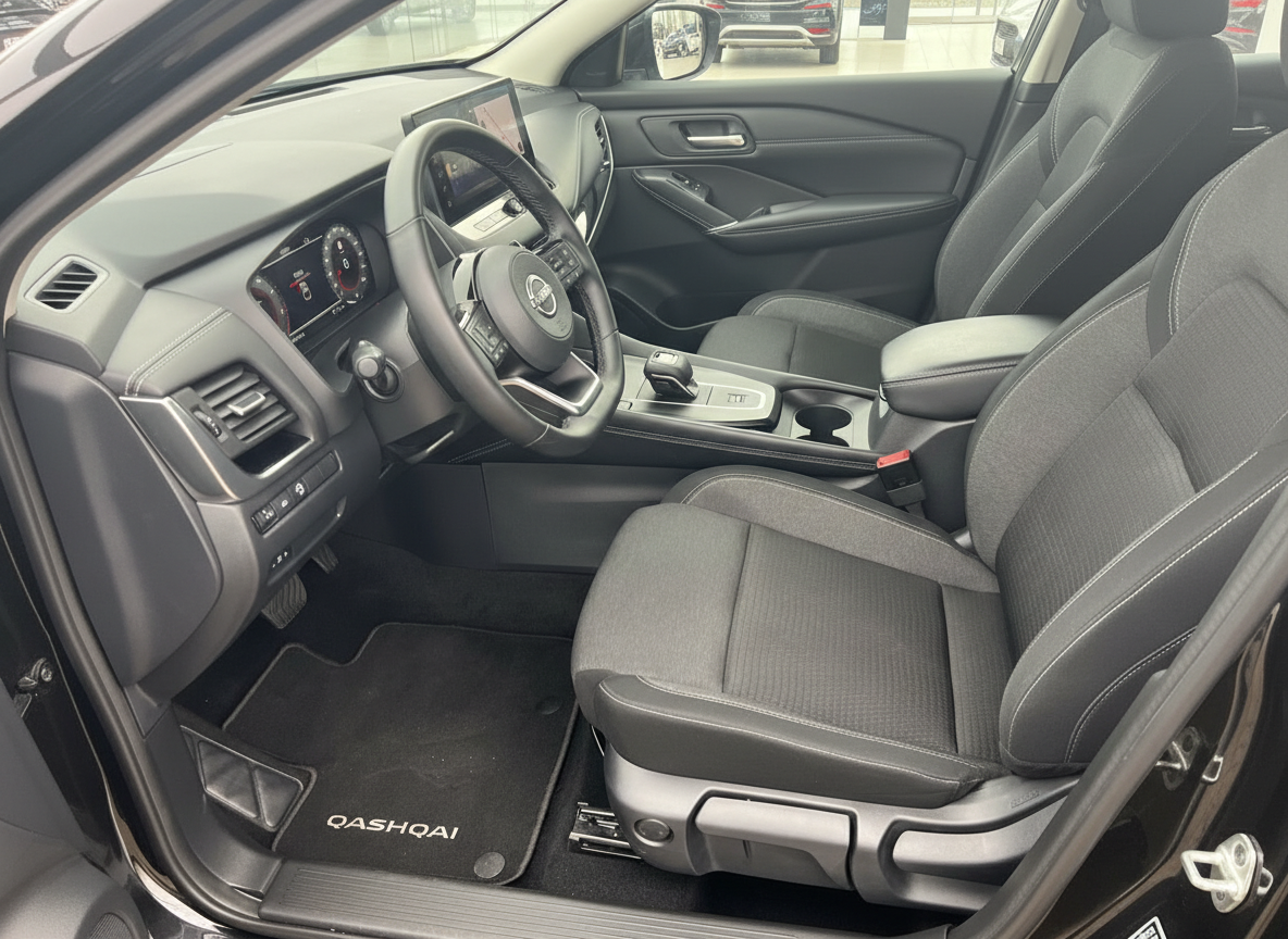 Nissan Qashqai Innenraum Fahrersitz mit Lenkrad, Digitaltacho und Infotainment-Display