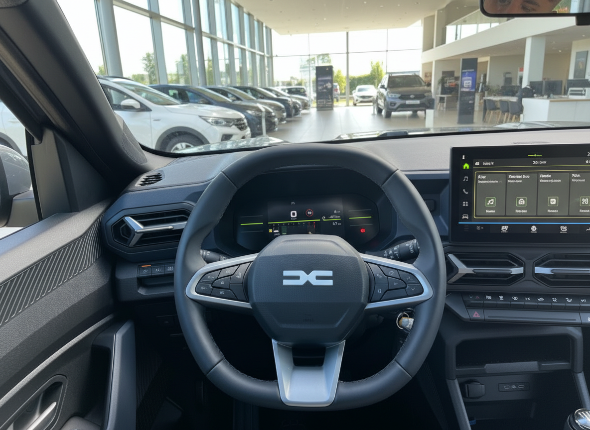 Dacia Innenraum mit Lenkrad und Infotainment-Display im Autohaus