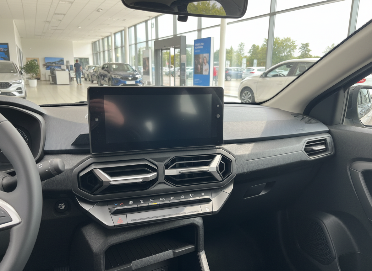 Dacia Innenraum mit Touchscreen-Infotainment und Klimabedieneinheit im Autohaus