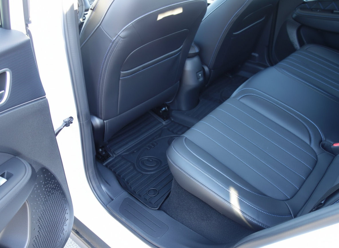 Schwarzes Leder-Interieur Rücksitzbank mit weißer Ziernaht und Gummifußmatten