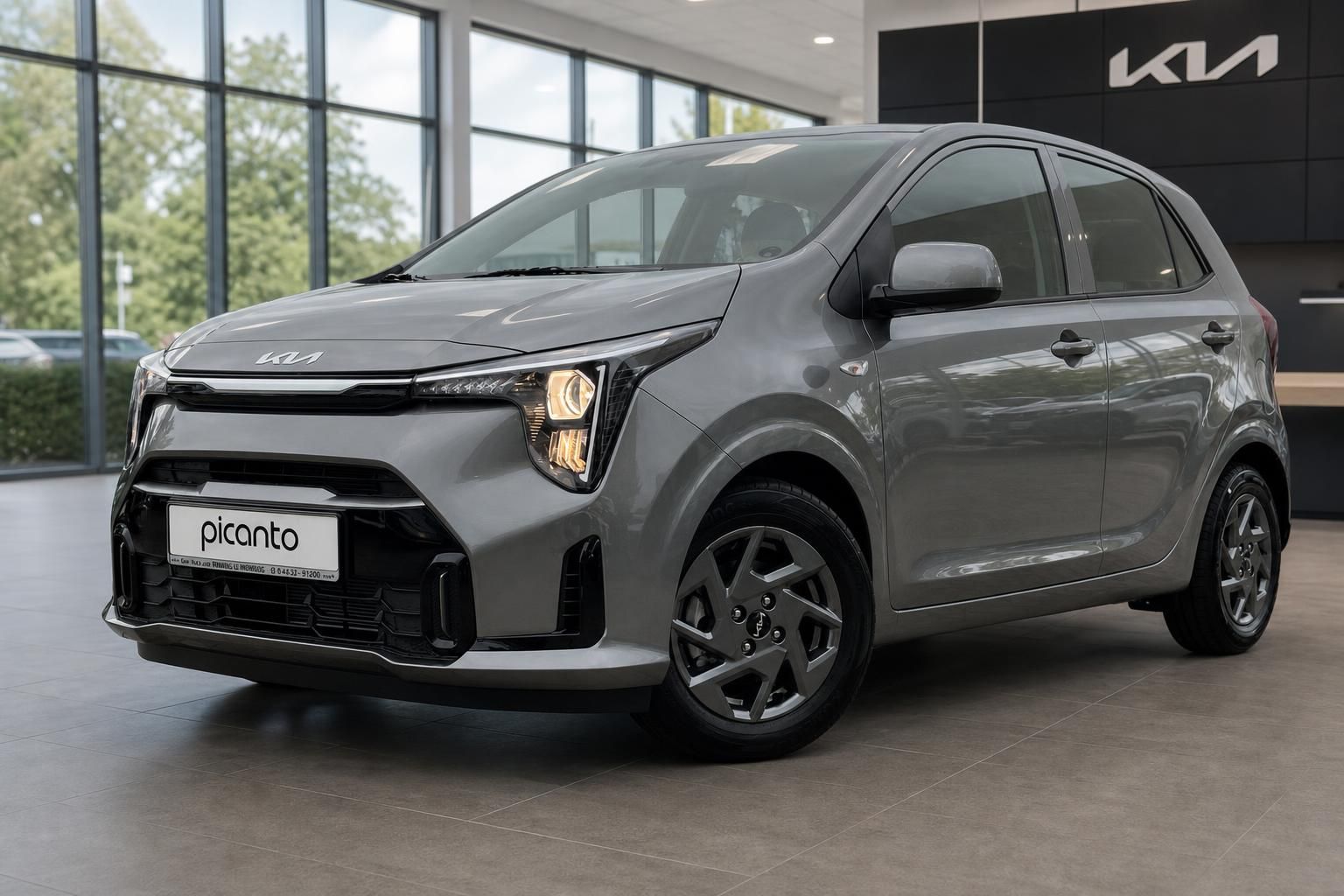 Kia Picanto in Grau, Frontansicht schräg im Autohaus