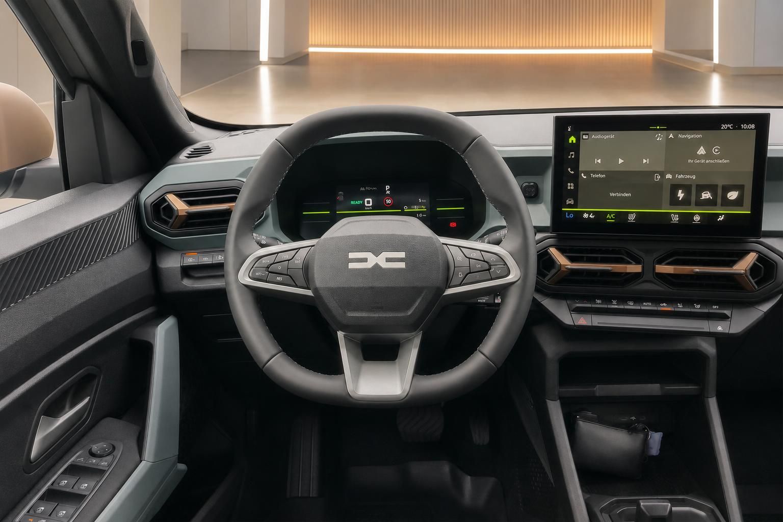 Cockpit mit Lenkrad, Digitalanzeige und Infotainment-Display im Fahrzeug