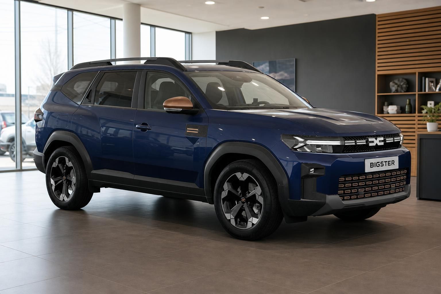 Dacia Bigster blau, Frontansicht seitlich im Autohaus