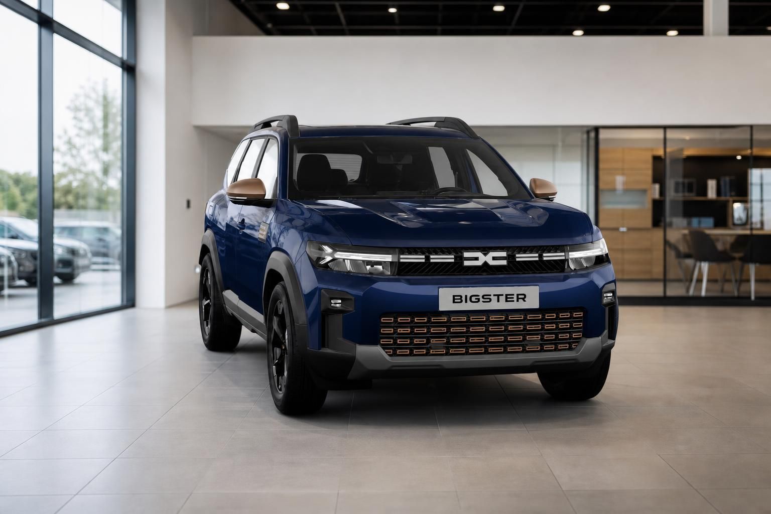 Dacia Bigster blau metallic, Frontansicht mit Kuehlergrill im Showroom