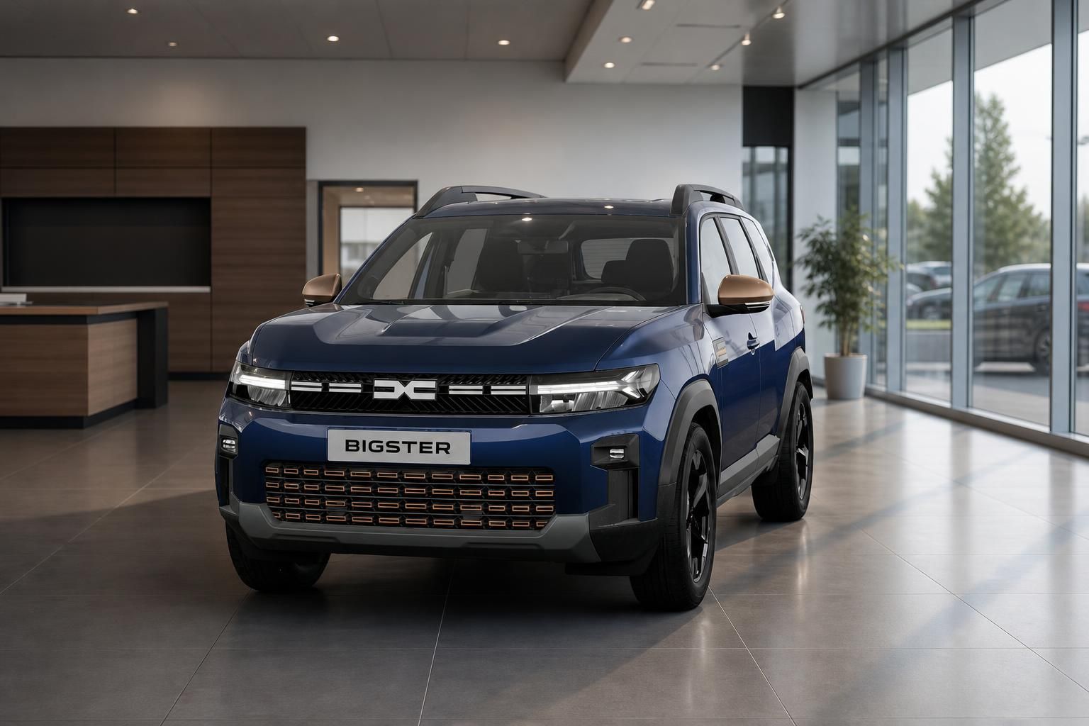 Dacia Bigster in Blau, Frontansicht im modernen Autohaus Showroom