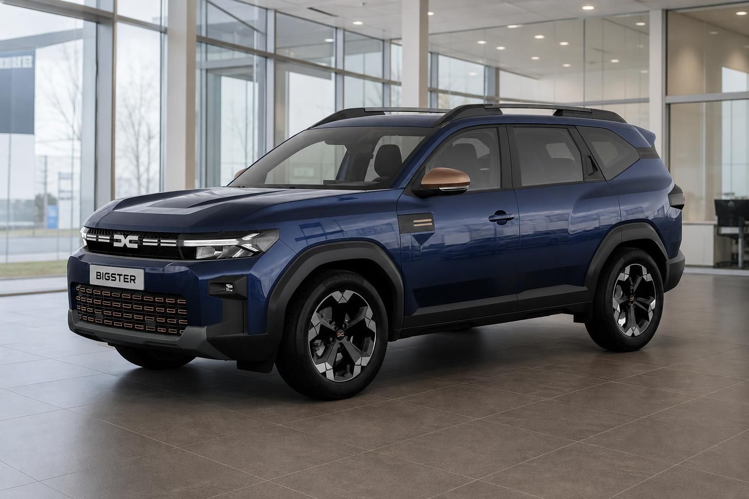 Dacia Bigster blau Frontansicht mit Kennzeichenhalter im Showroom