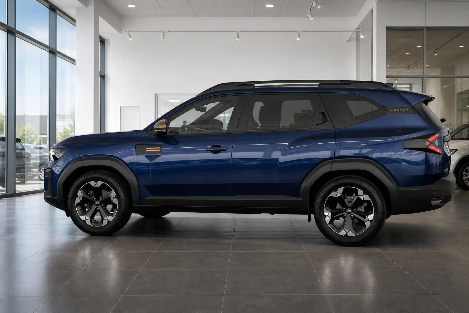 Dacia Bigster SUV in Blau Seitenprofil im Autohaus