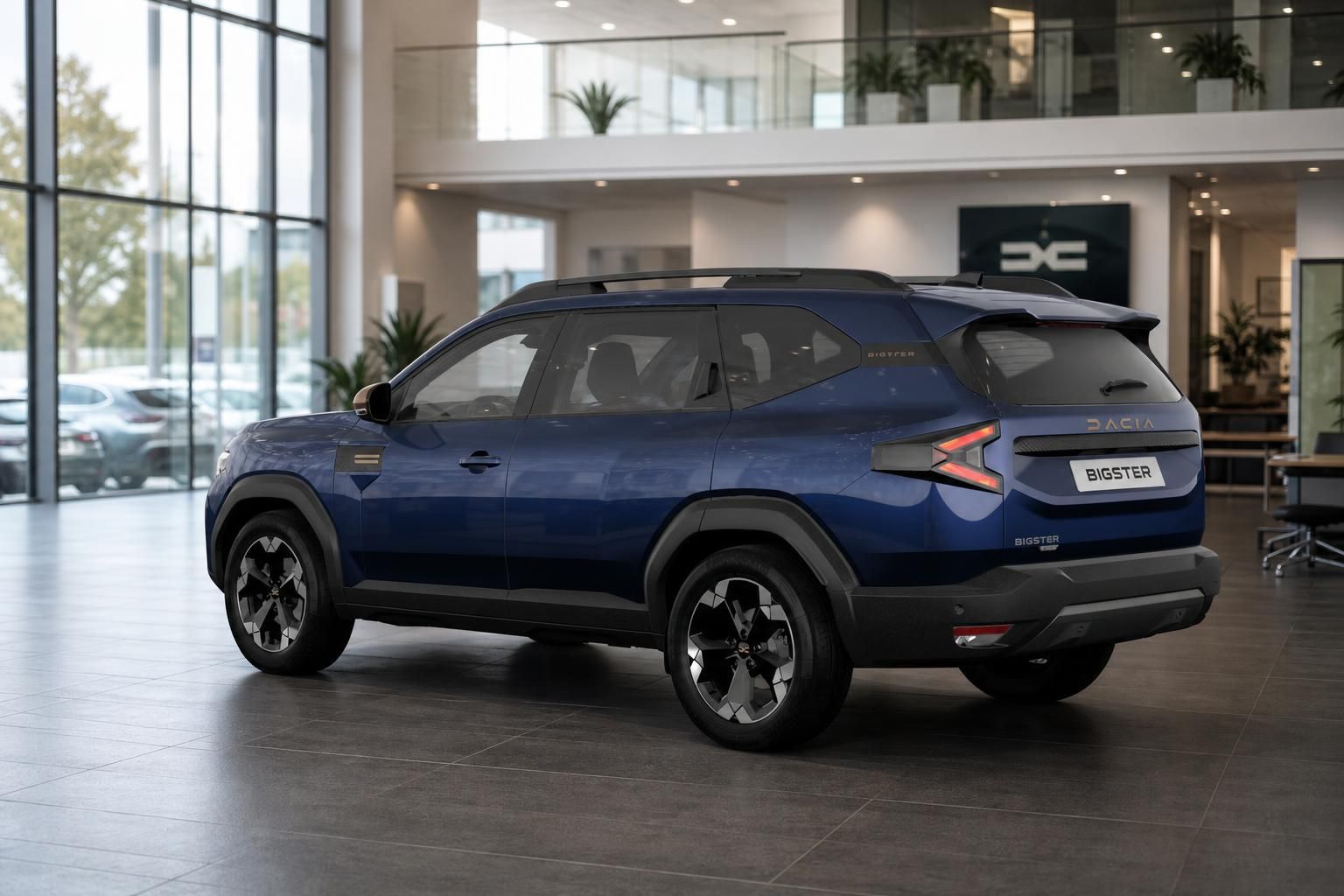 Dacia Bigster blau Heck-Seitenansicht im modernen Autohaus