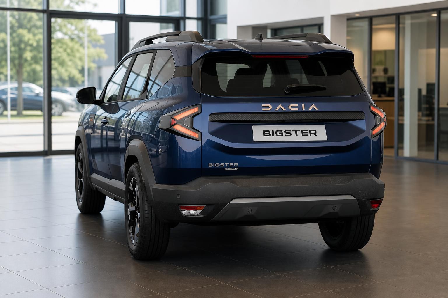 Dacia Bigster Heckansicht blau mit Kennzeichen im Showroom