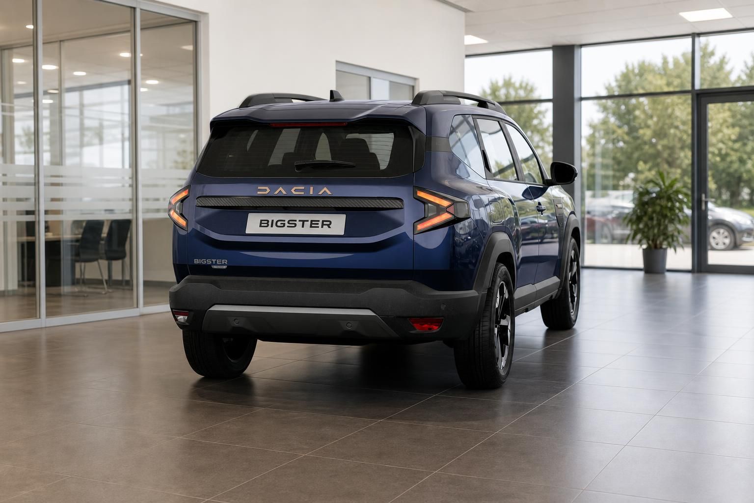Dacia Bigster in Blau, Heckansicht im Autohaus-Showroom