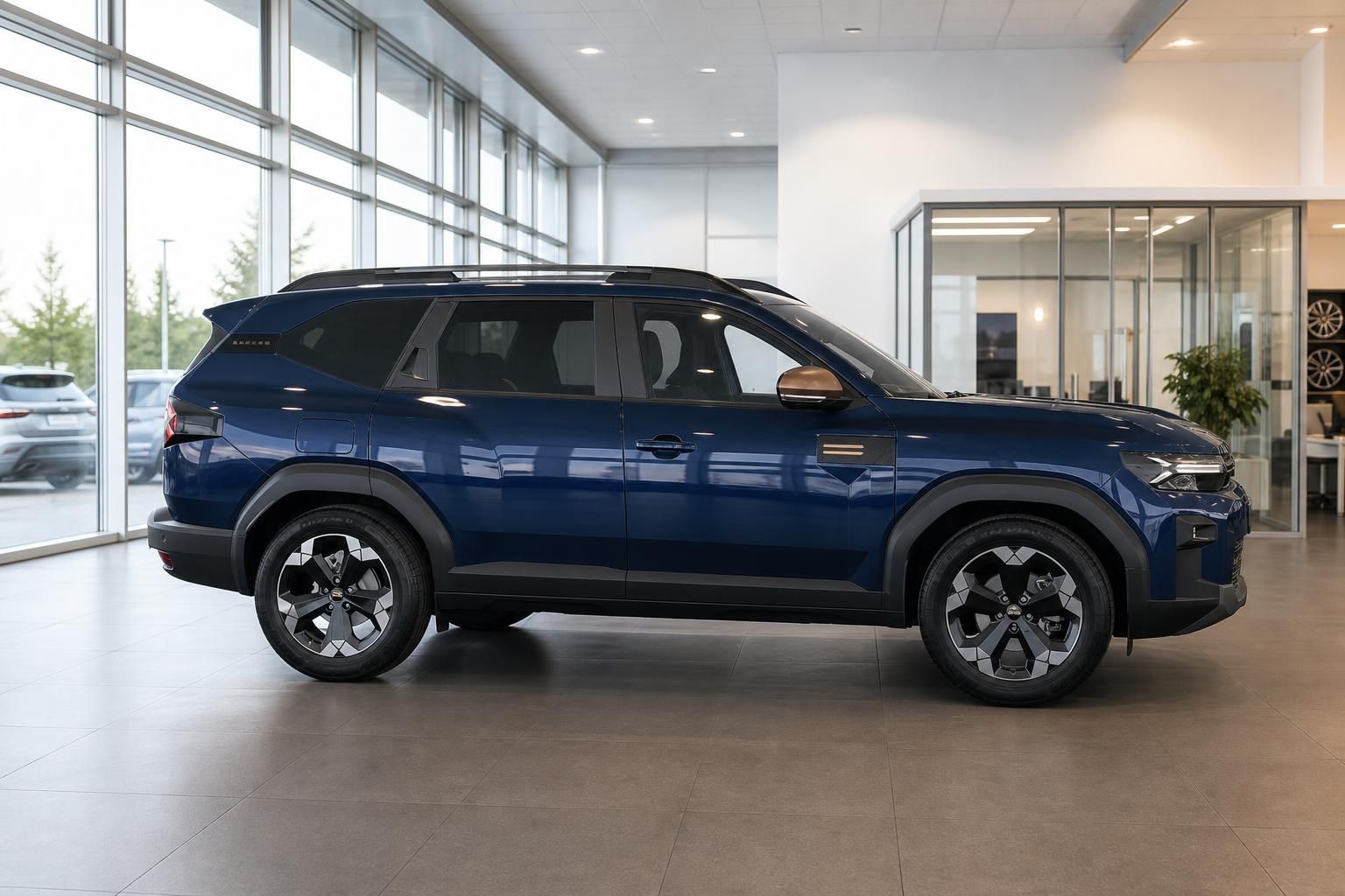 Dacia Bigster in Blau, Seitenansicht im Autohaus-Showroom
