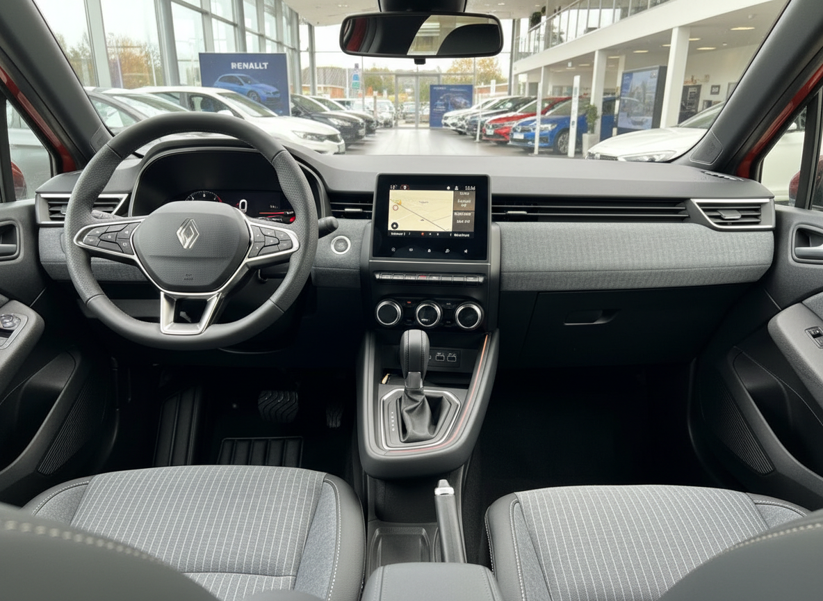 Renault Clio Innenraum mit Navigationssystem, Lederlenkrad und grauem Stoffsitzen im Autohaus