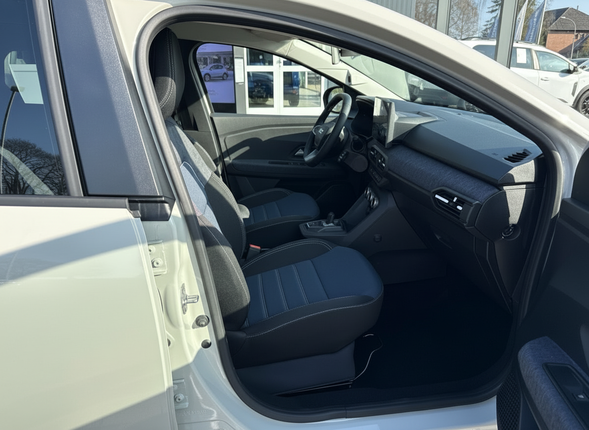 Fahrzeug Innenraum mit schwarzen Stoffsitzen, Lenkrad und Mittelkonsole – Fahrerseitige Türöffnung