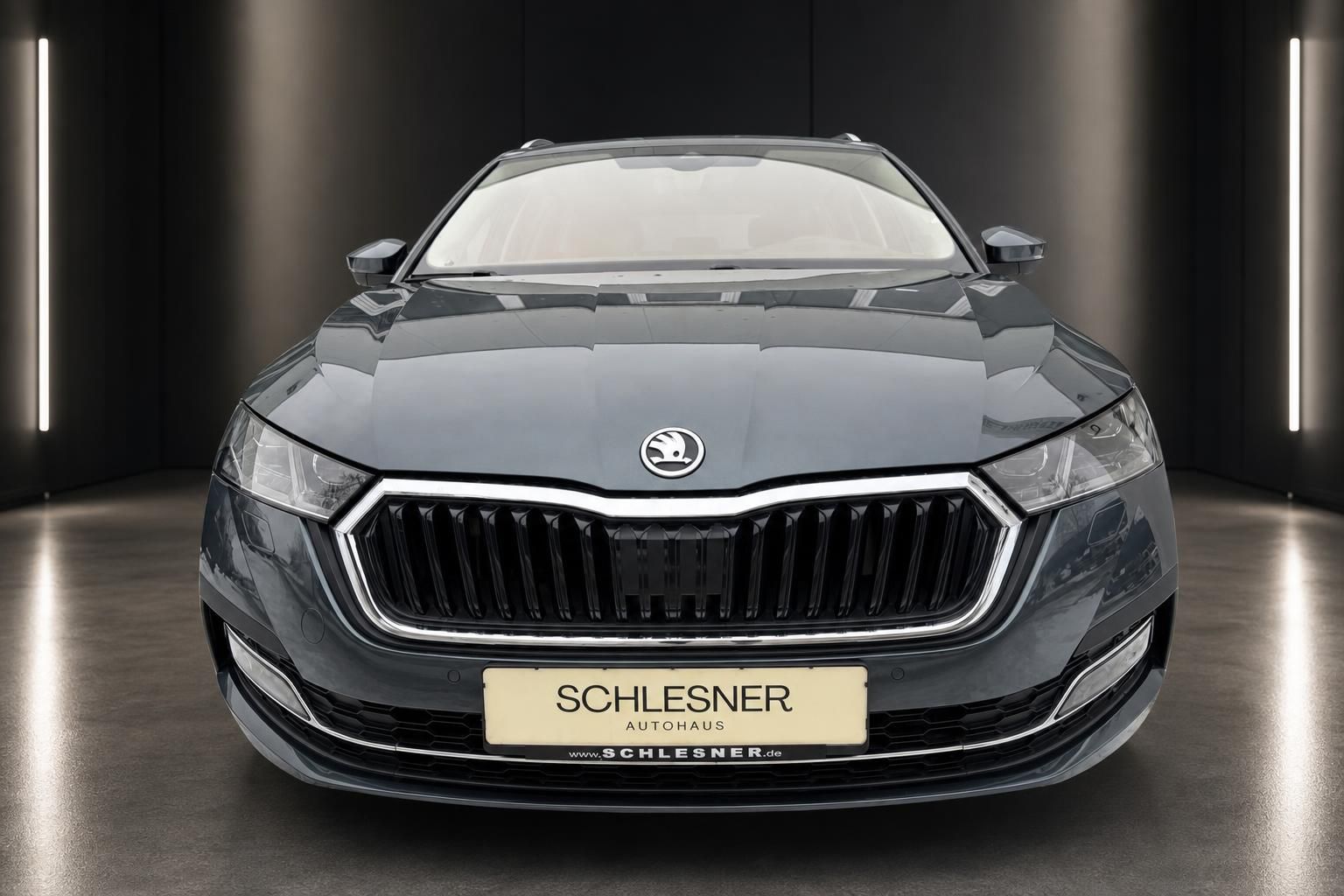 Skoda Octavia Combi in Grau, Frontansicht im Autohaus Schlesner