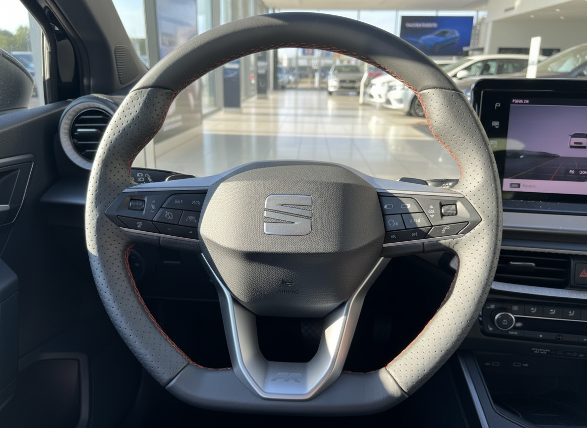 SEAT FR Lenkrad Innenraum mit perforiertem Leder und orangefarbener Kontrastnaht im Autohaus