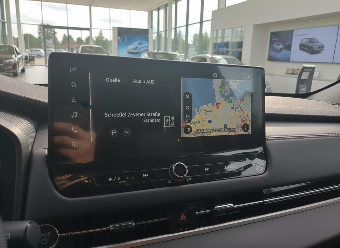 Infotainment-Display mit Navigation Scheeßel Zevener Straße im Fahrzeug-Innenraum im Autohaus