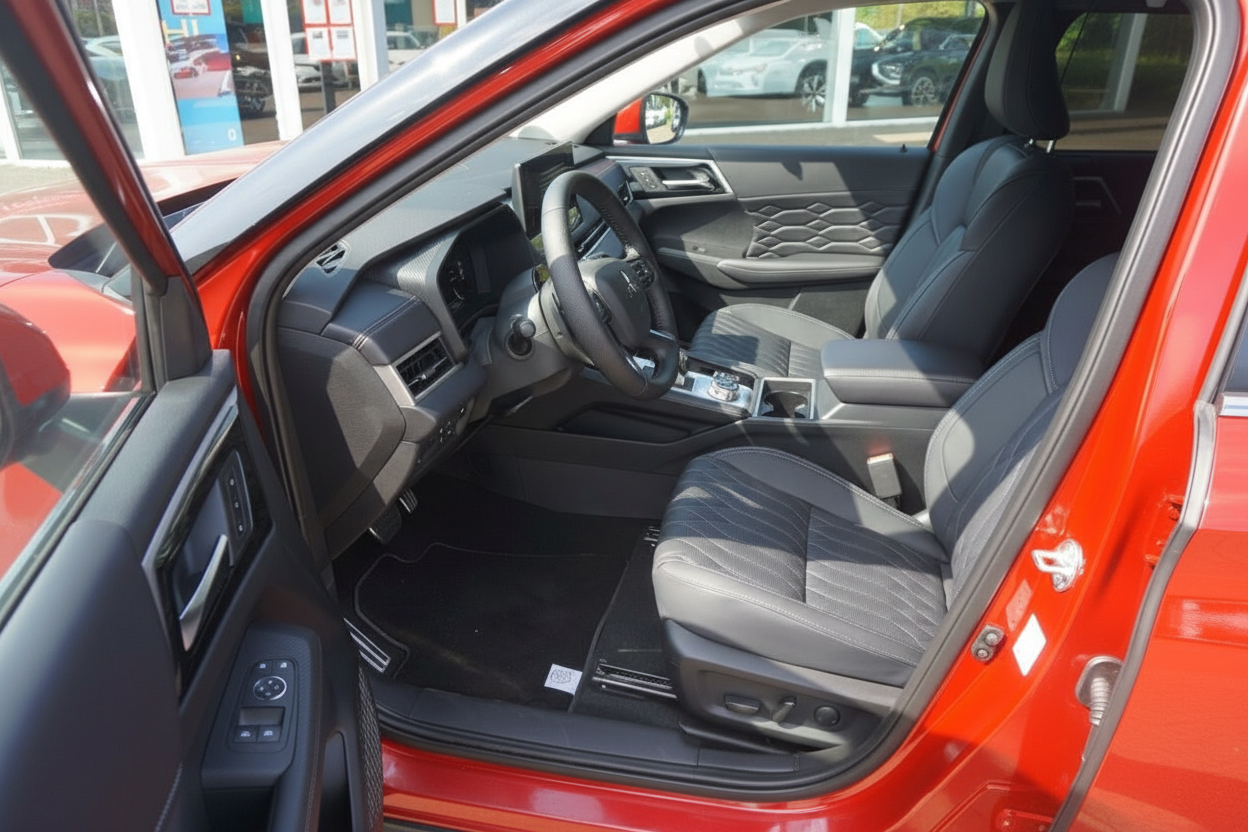 Innenraum eines roten SUV mit schwarzen Ledersitzen und modernem Cockpit